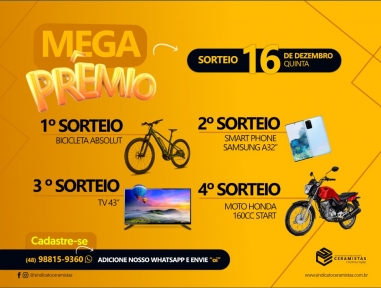 Está chegando o sorteio da moto e mais prêmios. É dia 16 de dezembro